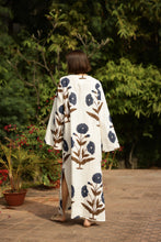 Load image into Gallery viewer, Doha Kaftan Khaki/Navy Flower Dress
