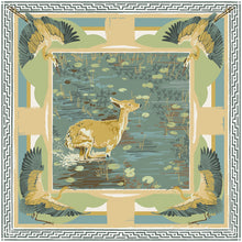 Load image into Gallery viewer, Teal Lily Pad Doe - Double-Sided Silk Scarf 25" x 25"
