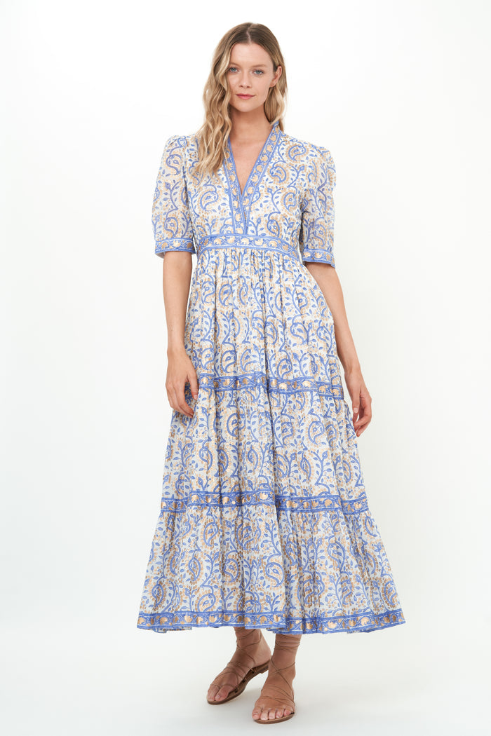 marseille maxi dress V-Neck Cuffed Maxi- Marseille Blue – Angela Woods Interiors