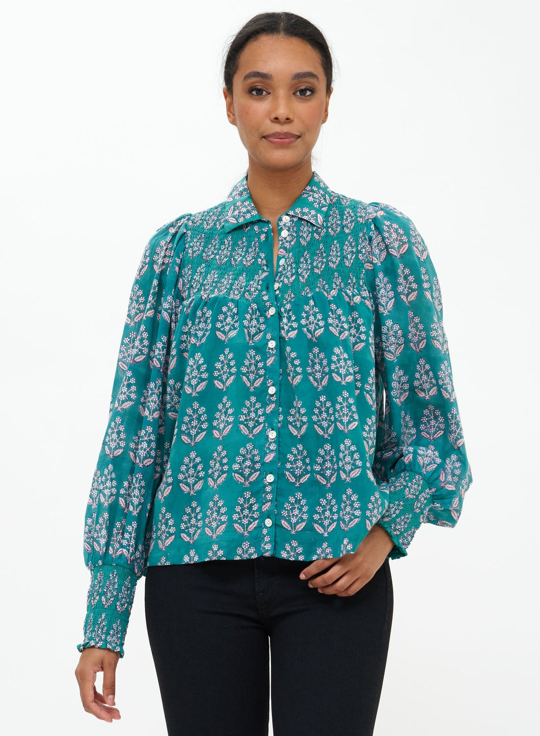 Smocked Button Down Blouse Green Bodrum