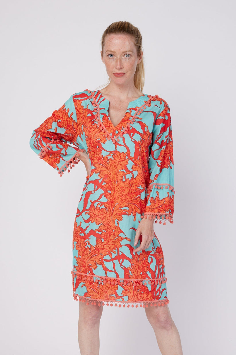 Pamela Bell Sleeve Dress - Turquoise Pink Coral