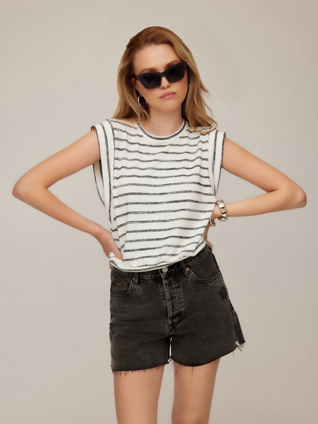 Janice Extended Sleeve Top - Off White with Black Stripe