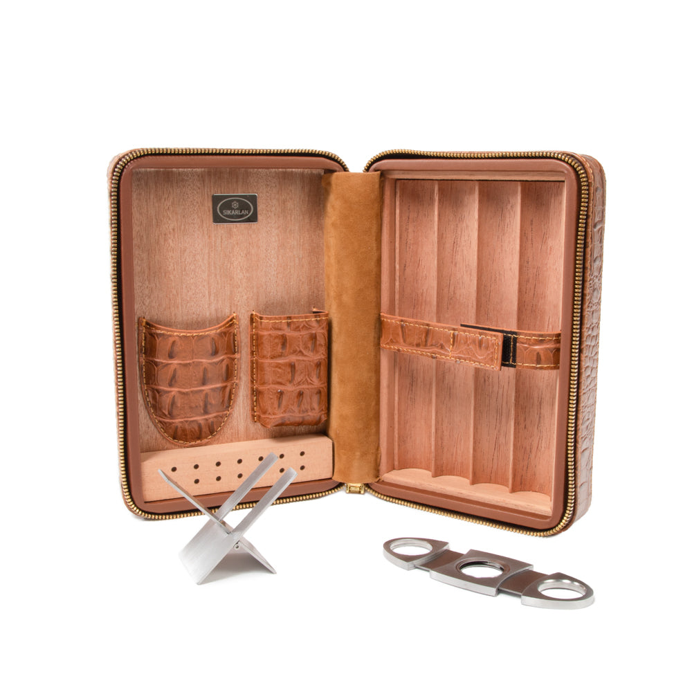 Cain Croco Cigar Travel Case - Brown