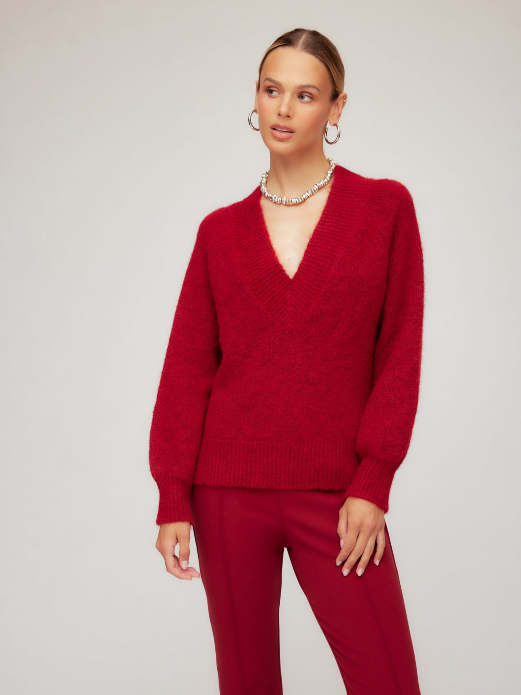 Heather V-Neck Sweater - Red