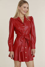 Load image into Gallery viewer, Vegan Leather Puff Shoulder Belted Dress - Red
