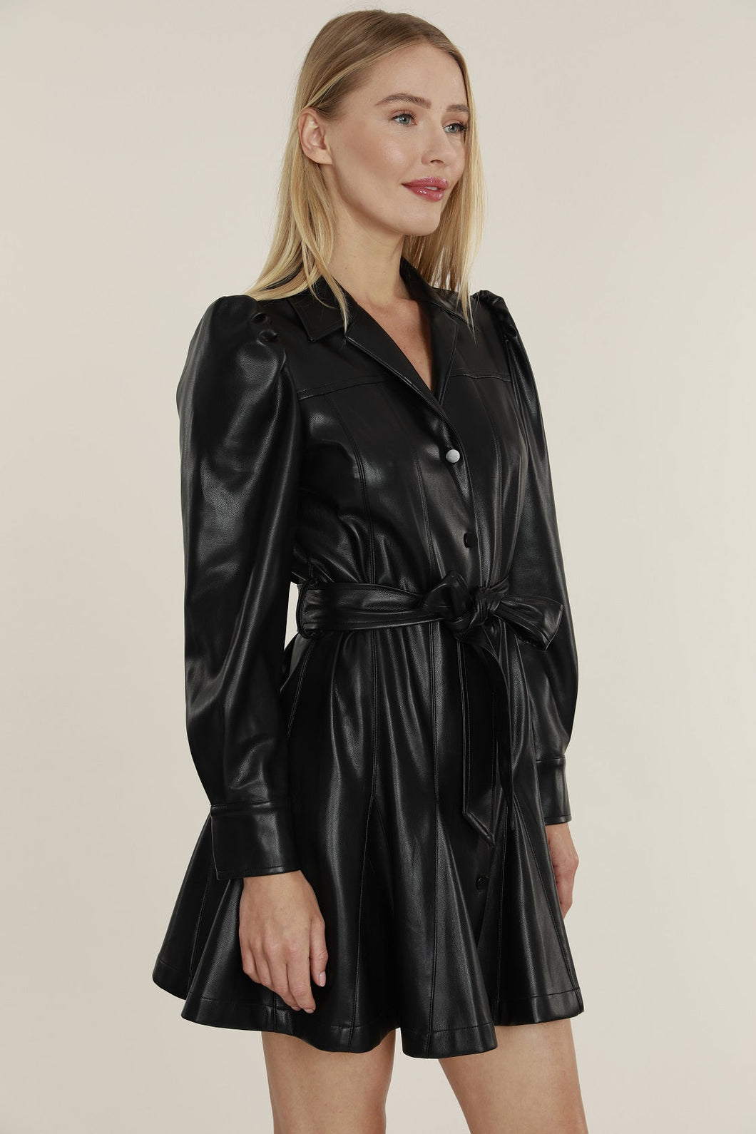 Vegan Leather Puff Shoulder Belted Dress - Black