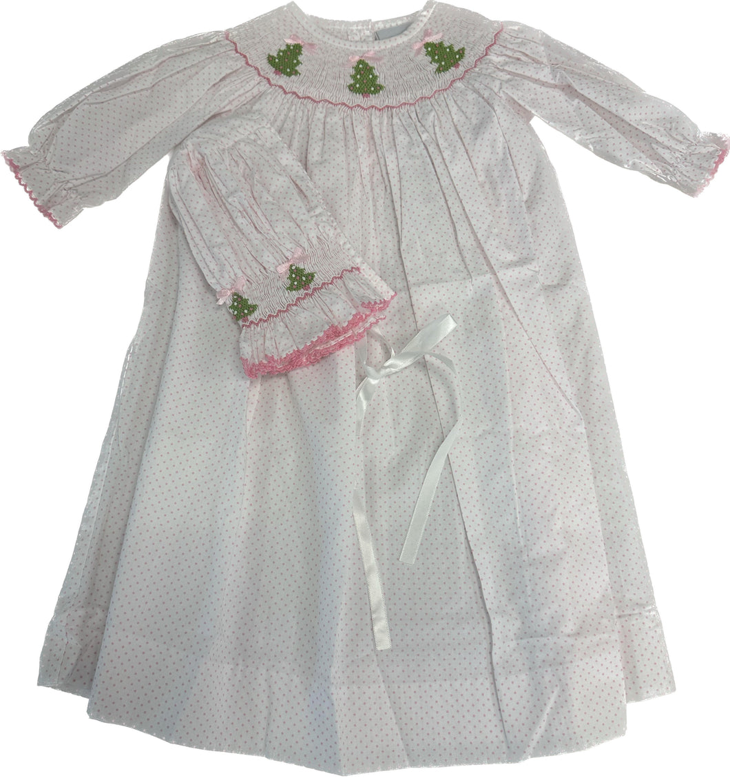 Christmas Tree Smocked Pink Dot Long Day Gown and Bonnet