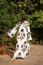 Load image into Gallery viewer, Doha Kaftan Khaki/Navy Flower Dress
