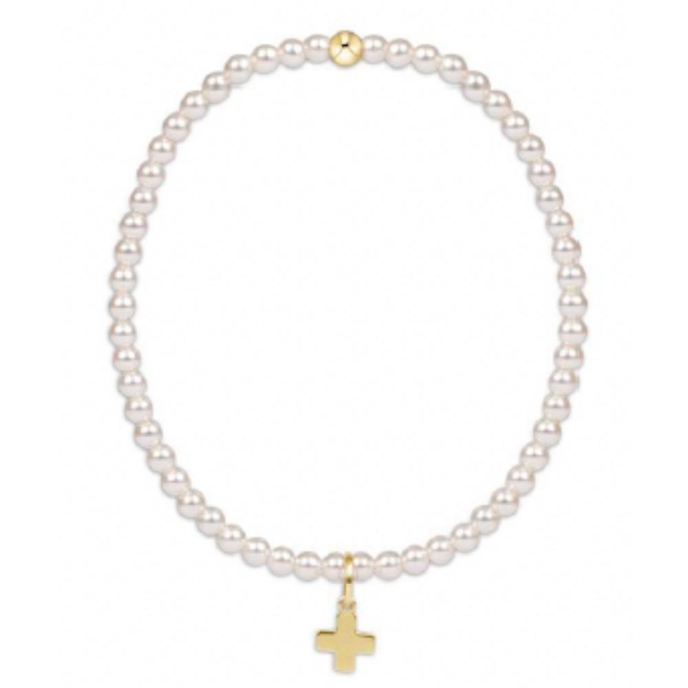 Classic Pearl 3MM Bead Bracelet - Signature Cross Gold Charm