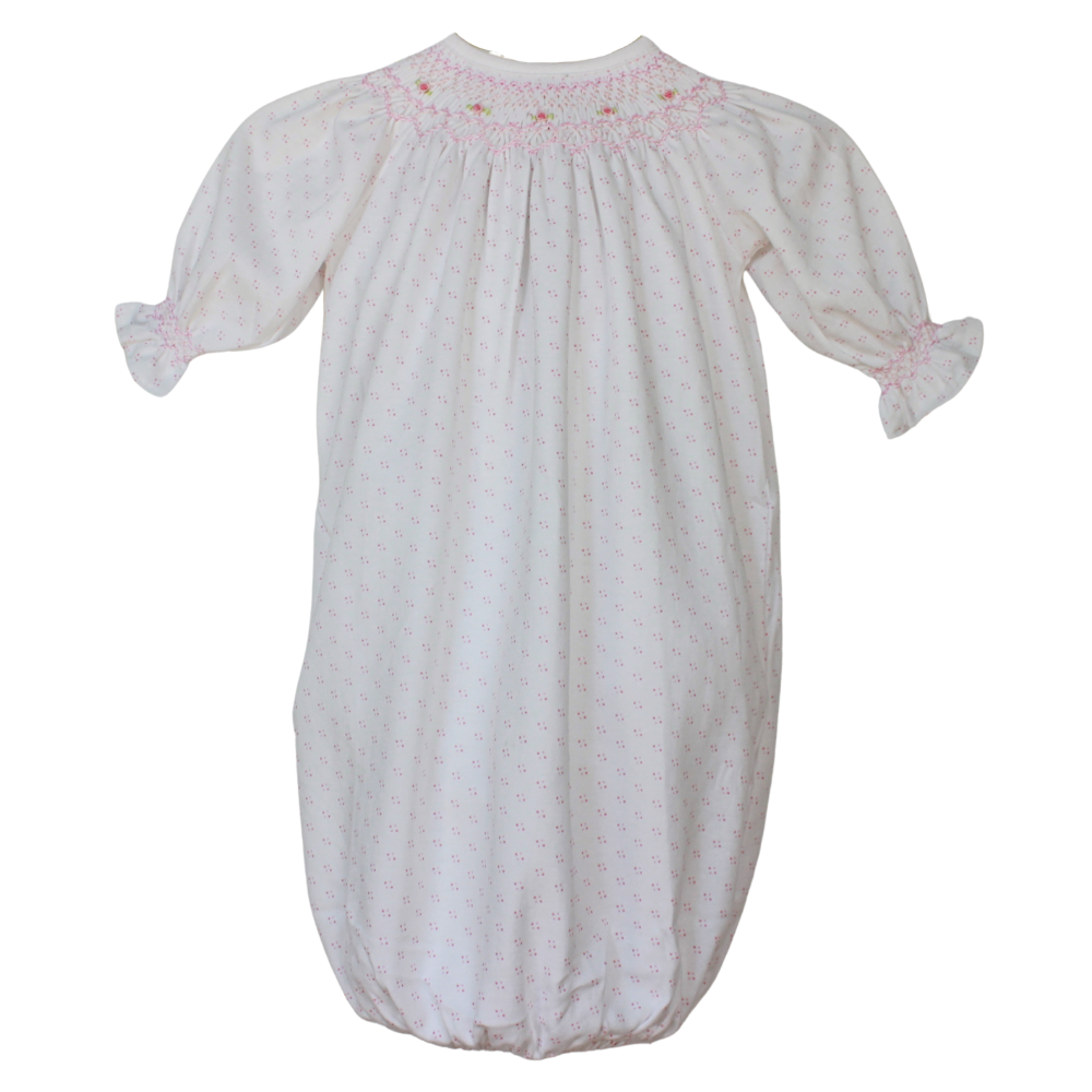 Sally Pink Dots Hand Smocked Bishop Gown