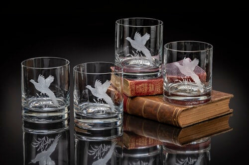 Game Birds Pheasants in Flight Double Old Fashioned, Set/4