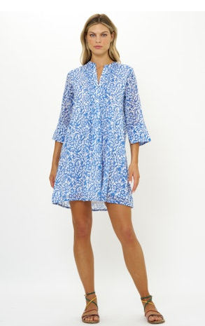 3/4 Sleeve Pintuck Short Dress - Cypress Blue