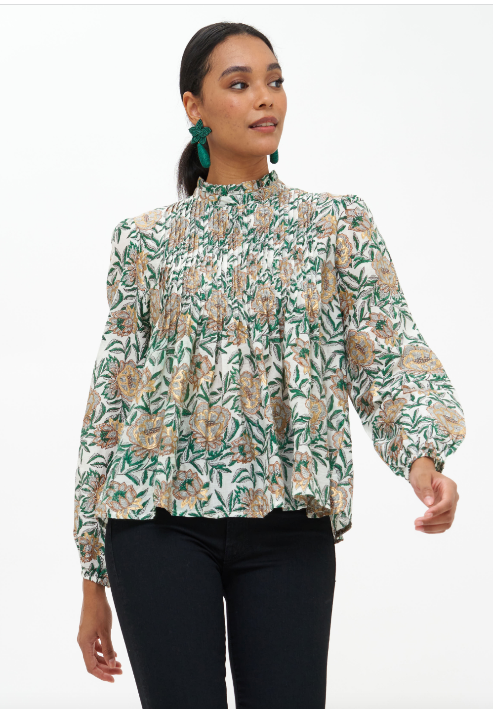 Long Sleeve Pintuck Blouse- Hedera Green