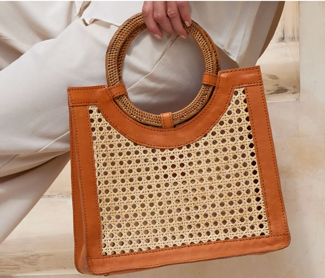 Rattan Cane Weave Handbag with Round Handle Brown