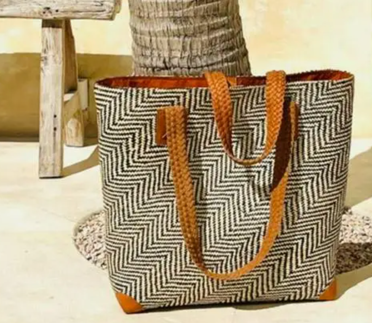 Oversized Rattan Tote with Brown Leather Trim