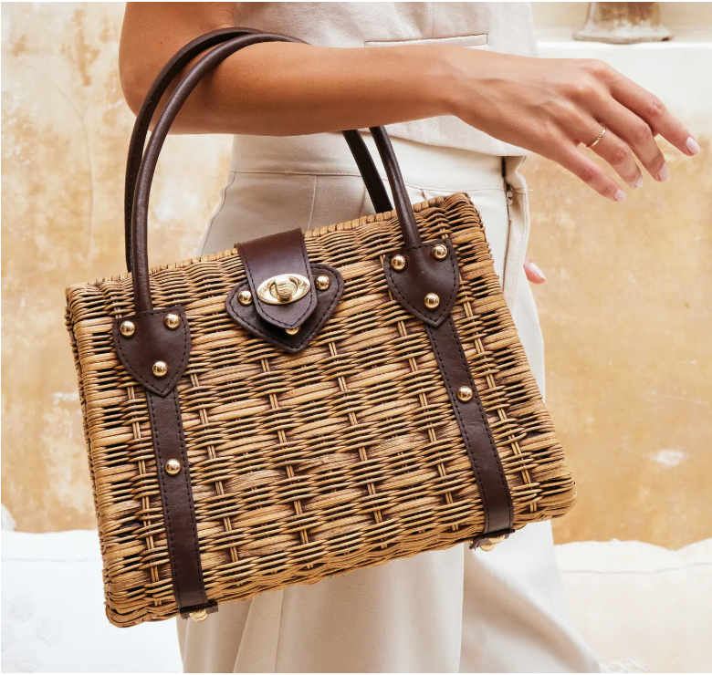 Large Rattan and Leather Handbag