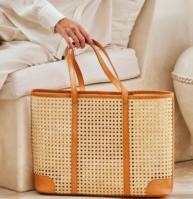 Large Rattan Cane Weave Tote with Brown Leather Trim