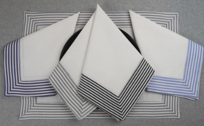 Navy Striped Border Linen Dinner Napkin/Set 4 - white