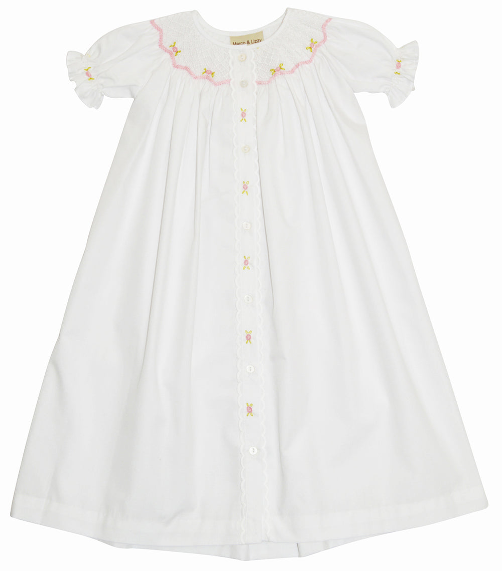 White Smocked Day Gown with Pink Roses