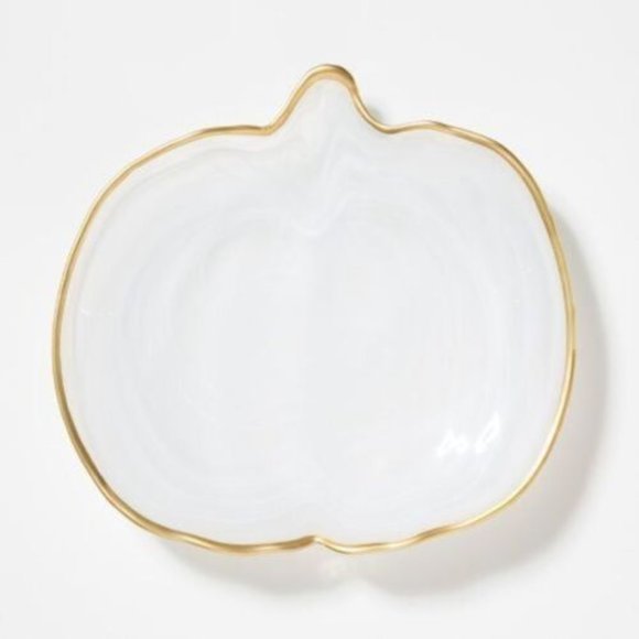 Alabaster Glass White w/ Gold Edge Pumpkin Platter