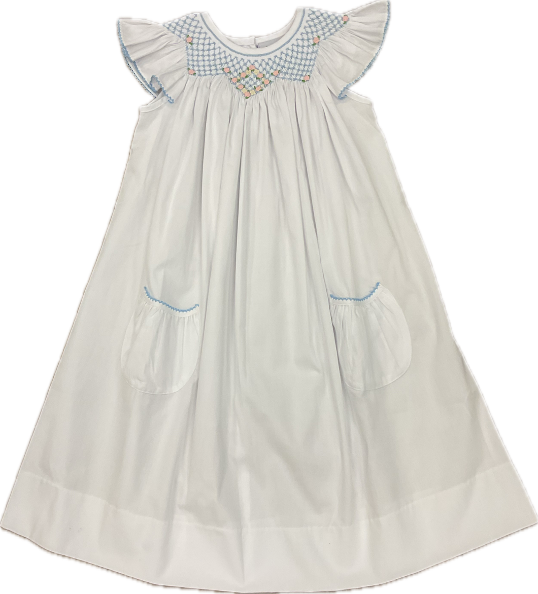 White Bishop Dress Smocked with Blue & Pink