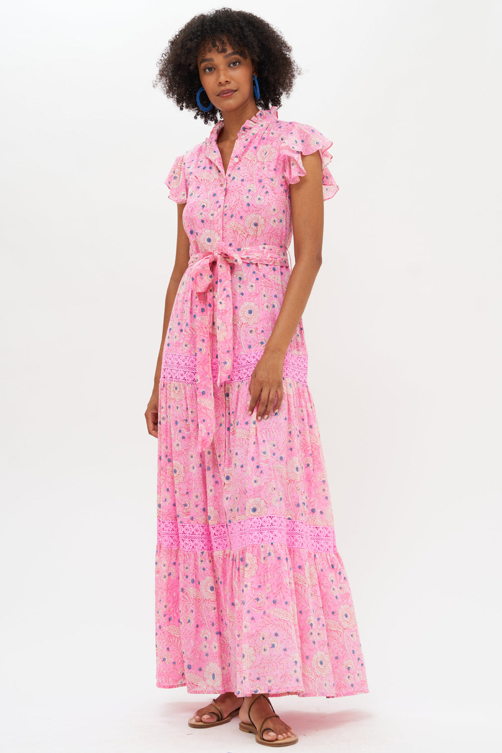 Ruffle Collar Button Maxi Dress-Pink Carolina